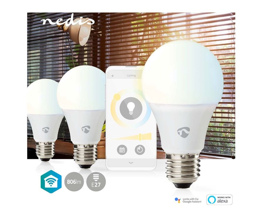 Wi-Fi Smart Умна LED лампа, 9W, E27, A60, 230VAC, 806lm, 3в1 цвята, 3бр., димируема, WIFILRW30E27, NEDIS