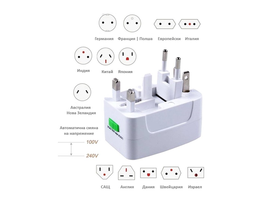 Туристически адаптер, преход английски контакт, преходник амаерикански стандарт