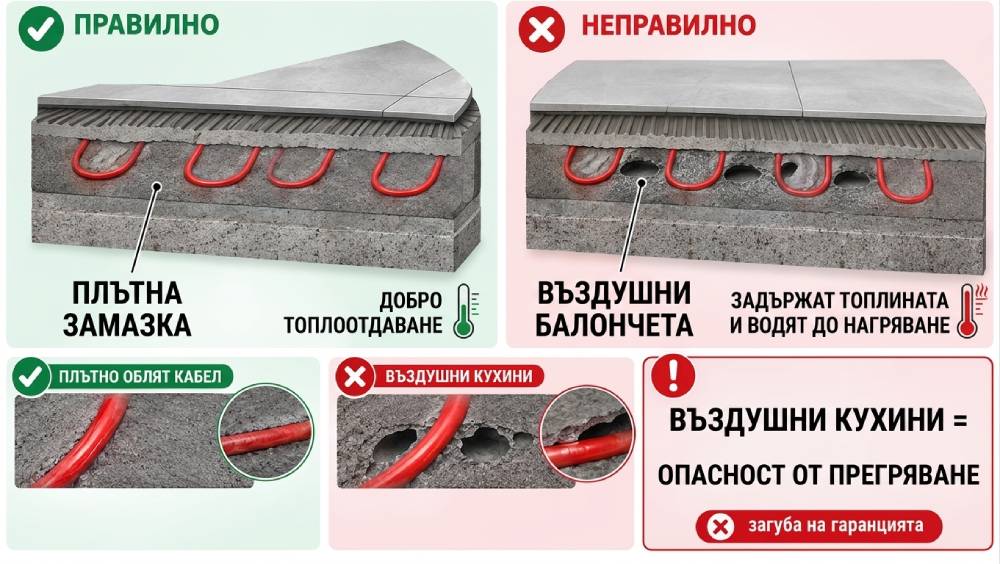 правилно полагане на нагревателен кабел
