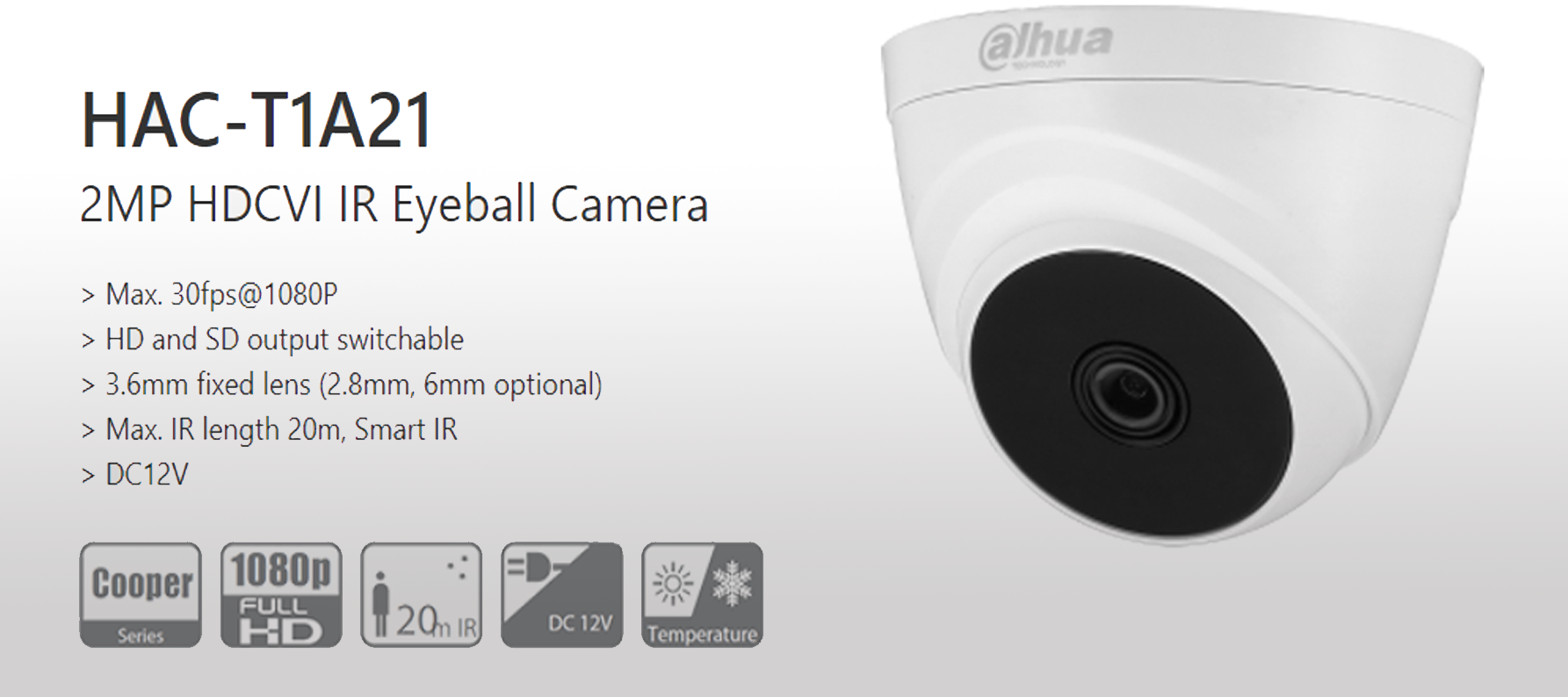 HDCVI куполна камера, Dahua, 1Mpx, 720p, 2.8mm, IP67