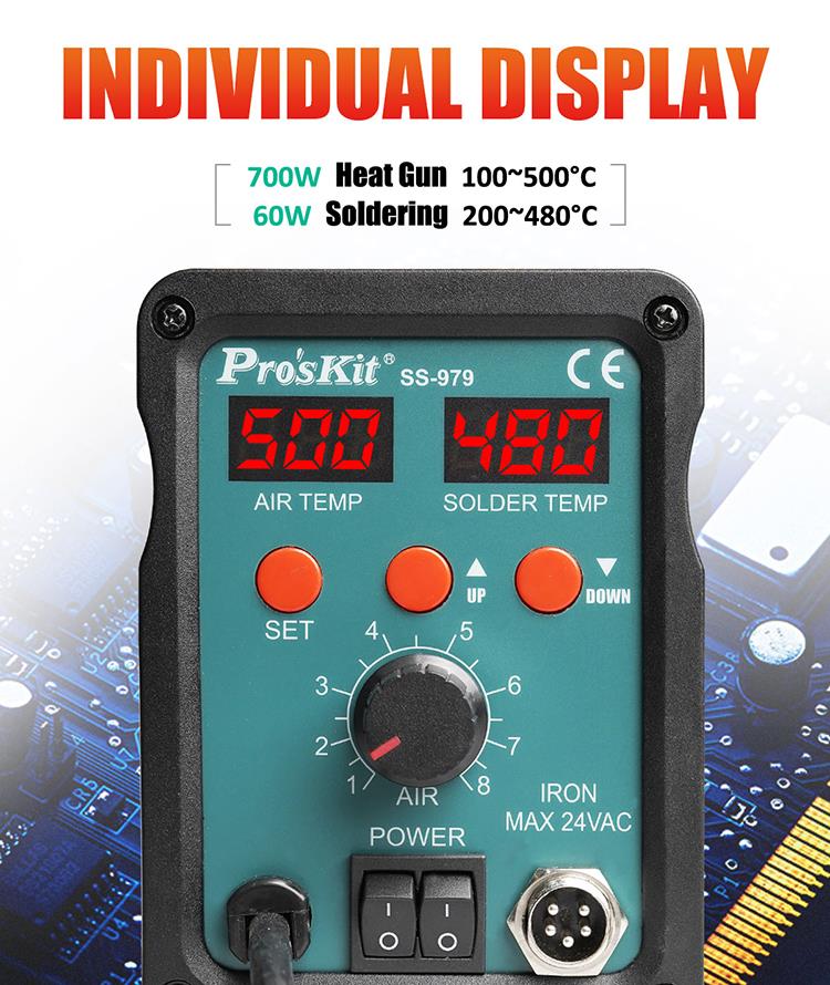 Станция за запояване и горещ въздух, SS-979E, 230VAC, 60W, LED, PRO'S KIT