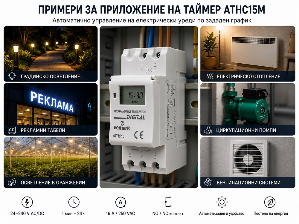 Timer ATHC15M programmable weekly 24~240V AC/DC NO+NC 16A/250VAC