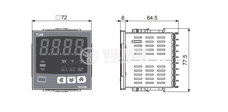 Термоконтролер TC4M-24R,  100~240VAC,  0.1~999.9°C,  Cu50, Pt100, J, K, L,  релеен+2 алармени - 2