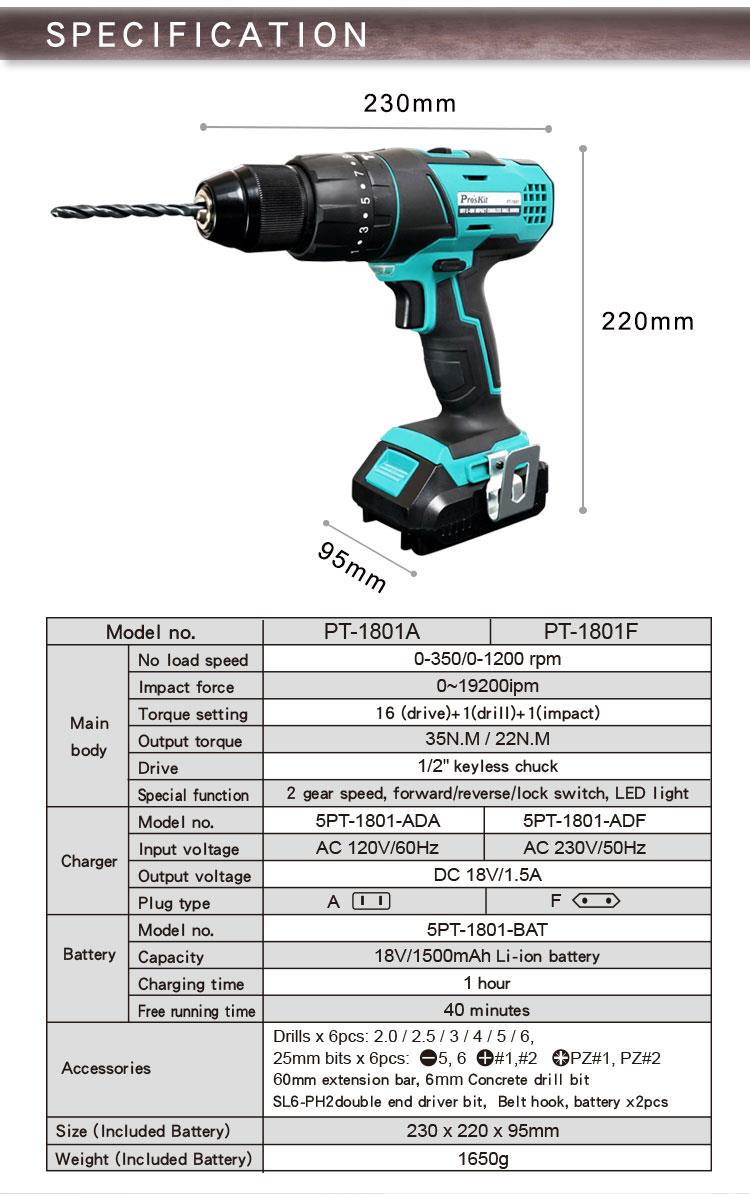 Cordless Impact Drill/Driver 18V, 35Nm, 2 x 1.5Ah batteries, PT-1801F, PRO'S KIT