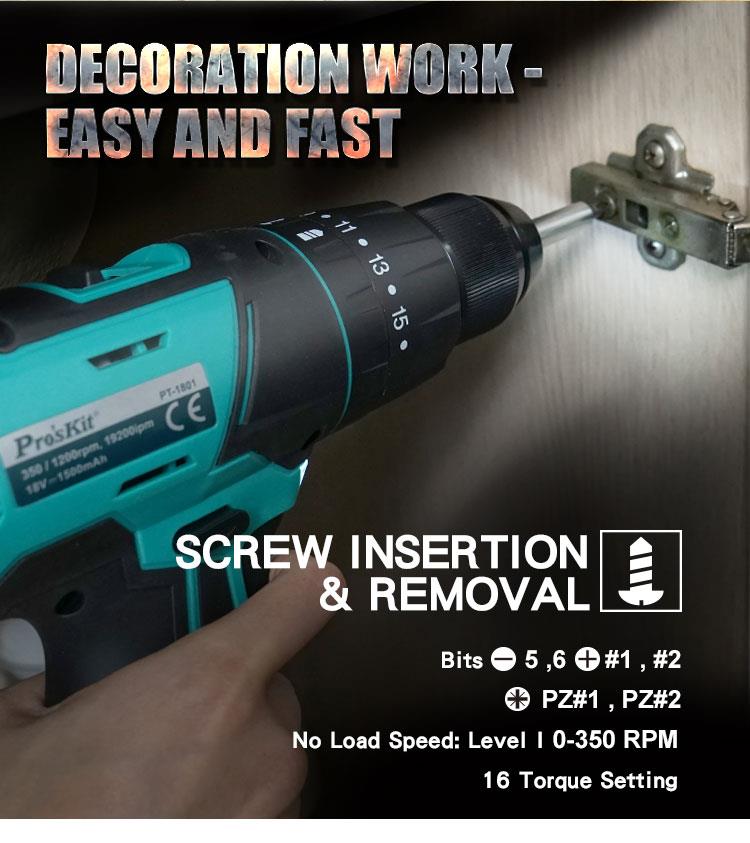 Cordless Impact Drill/Driver 18V, 35Nm, 2 x 1.5Ah Batteries, PT-1801F, PRO'S KIT