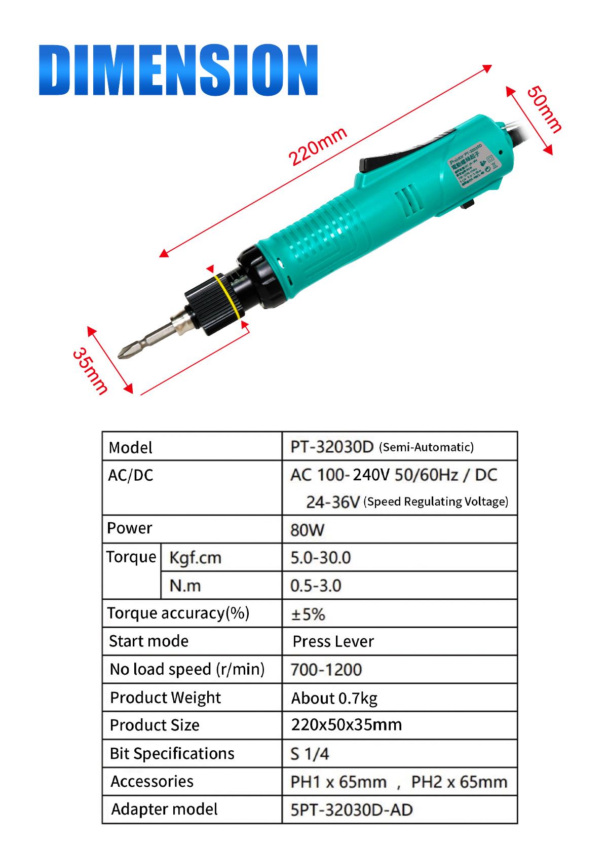 Electric screwdriver, 230VAC, 80W, 700~1200 rpm, PT-32030F, PRO'S KIT
