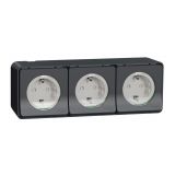 Triple socket outlet, 16A, 250VAC, gray, surface, schuko, MUR36038