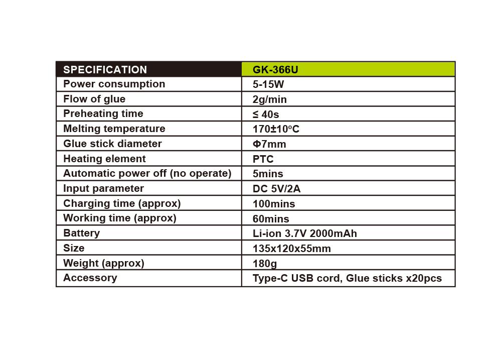 Hot glue gun, 15W, battery, USB-C, GK-366U, PRO'S KIT
