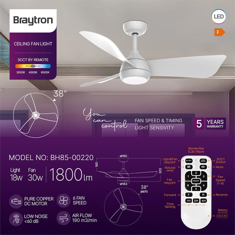 Вентилатор за стая, таванен, 230VAC, 18+30W, ф960mm, BH85-00220