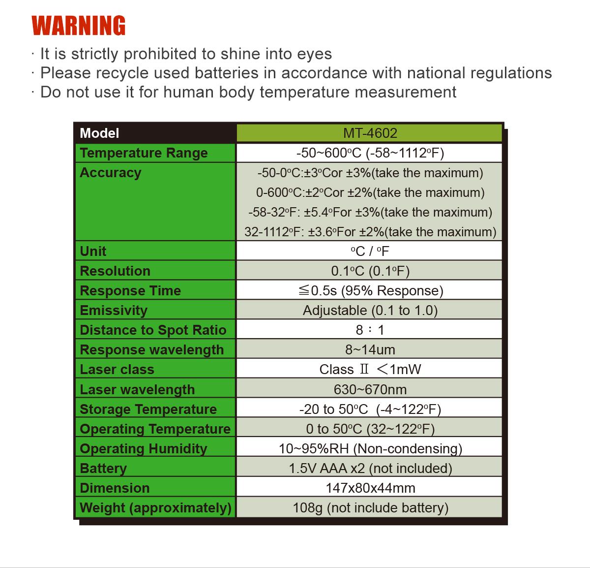 Infrared thermometer MT-4602, -50°C - 600°C, 630-670nm, PRO'S KIT