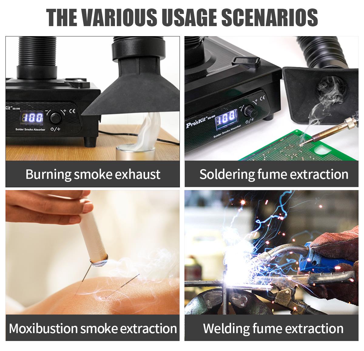 Абсорбатор на дим, SS-596F, регулируем, 15W, 100-240 VAC, Pro's Kit