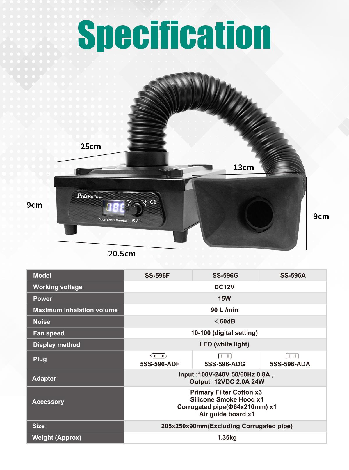 Абсорбатор на изпарения, SS-596F, регулируем, 15W, 100-240 VAC, Pro's Kit