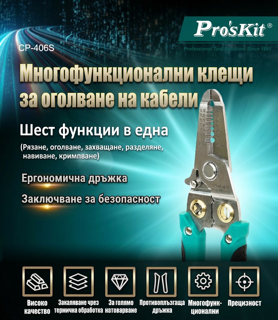 Crimping, stripping, cutting pliers, for cables, 0.8~3.2mm, CP-406S, P