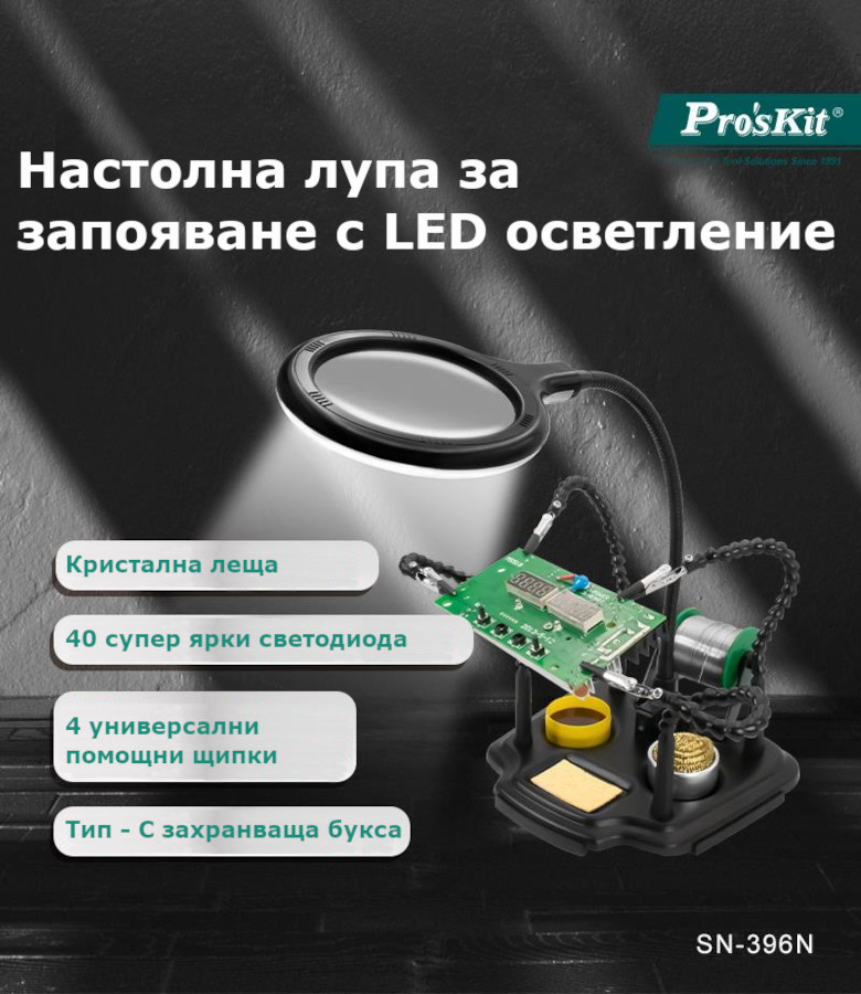 Увеличителна, настолна лупа и щипки, 100mm, увеличение x1.7/4, SN-396N