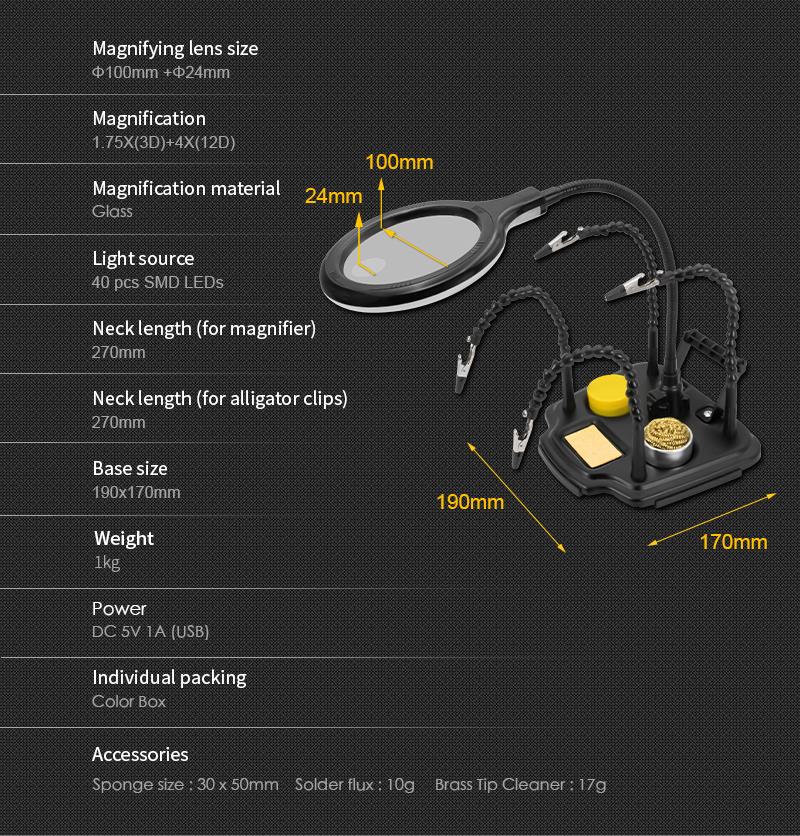 Увеличителна, настолна лупа и щипки, 100mm, увеличение x1.7/4, SN-396N