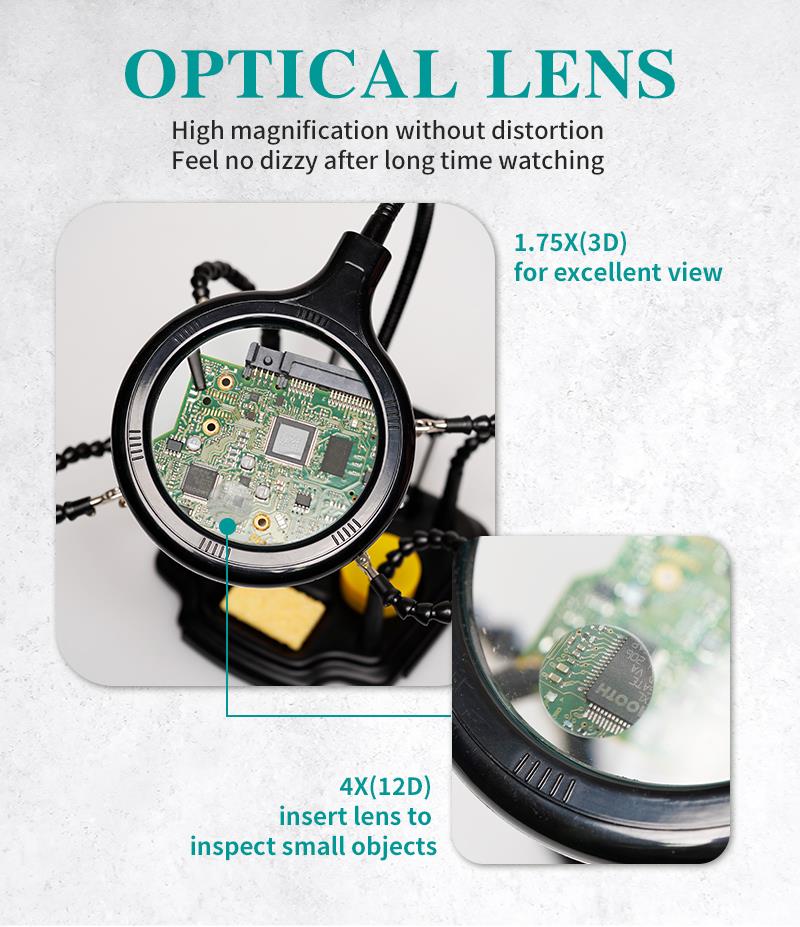 Увеличителна, настолна лупа и щипки, 100mm, увеличение x1.7/4, SN-396N