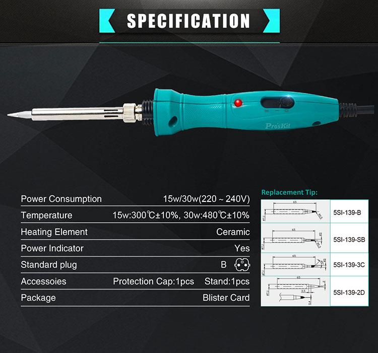 Поялник, нагревателен, SI-139B, регулируем, 230VAC, 15/30W, конусна човка, PRO'S KIT