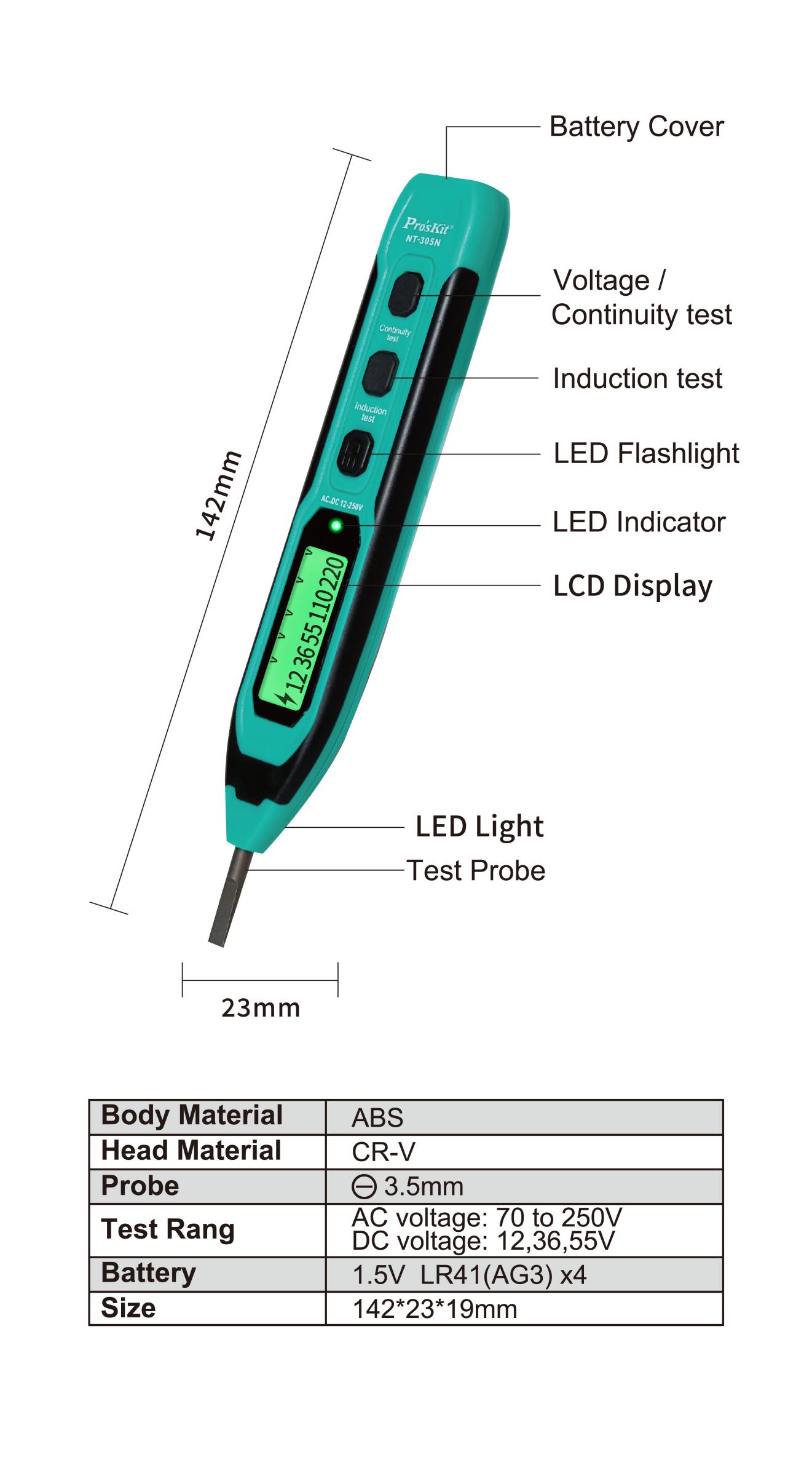 Безконтактен детектор (фазомер), 12~230V, LED, NT-305N, PRO'S KIT