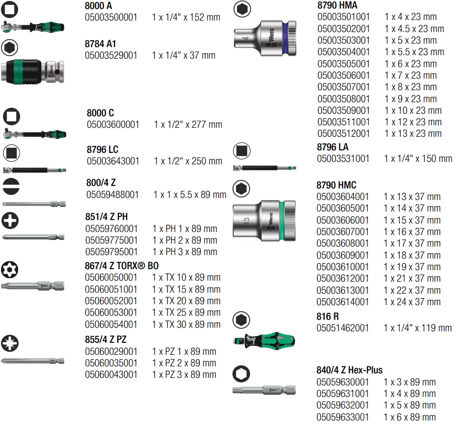 Комплект гедоре, тресчотки, отвертка, вложки, битове и удължители, 43 части, WERA 8100 SA/SC 2 Zyklop Speed