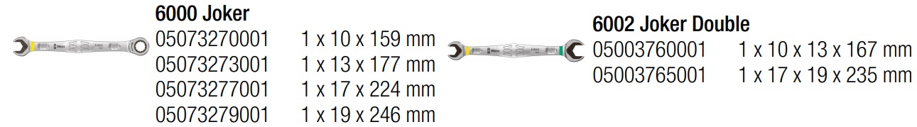 Комплект гаечни ключове и тресчотки, 6 части, от 10 mm до 19 mm, WERA 6000/6002 Joker