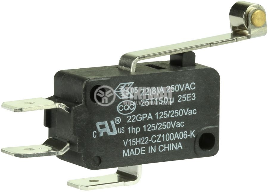 Микропревключвател лост с ролка, SPDT, 22A/250VAC, 27.8x15.9x10.3mm, ON-(ON)