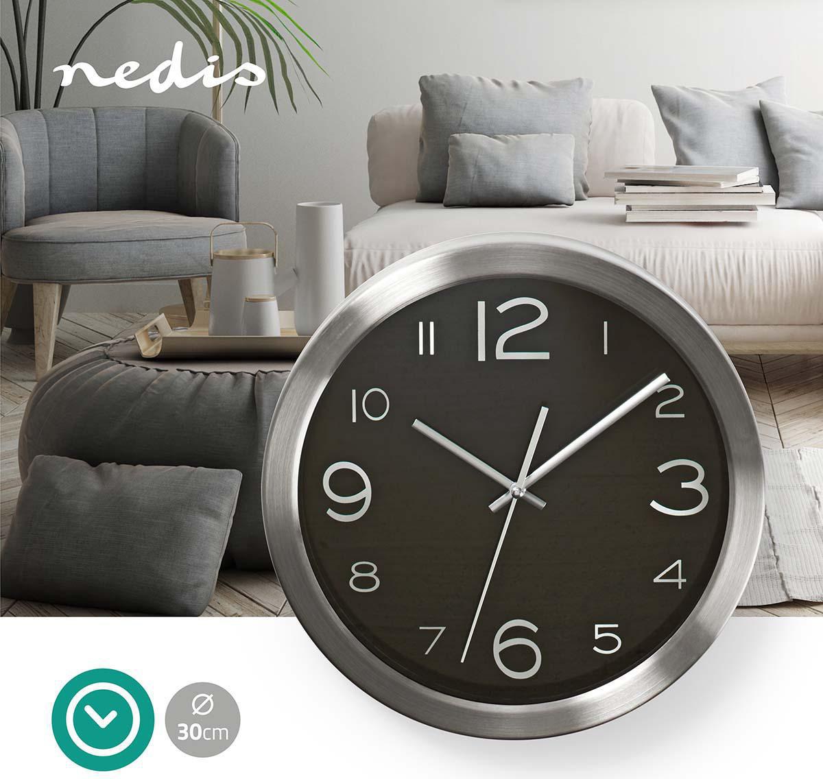 Circular wall clock, stainless steel, 300mm, guartz, CLWA010MT30BK, NEDIS