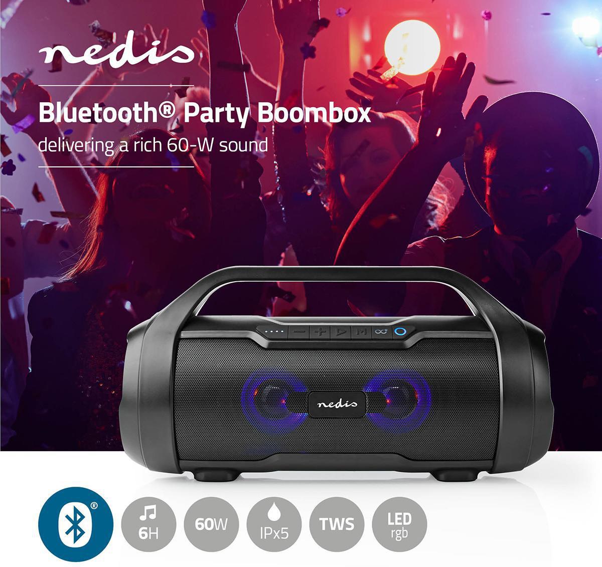 Водоустойчива Bluetooth колонка NEDIS, BOOMBOX SPBB310BK, портативна, 60W, 3000mAh