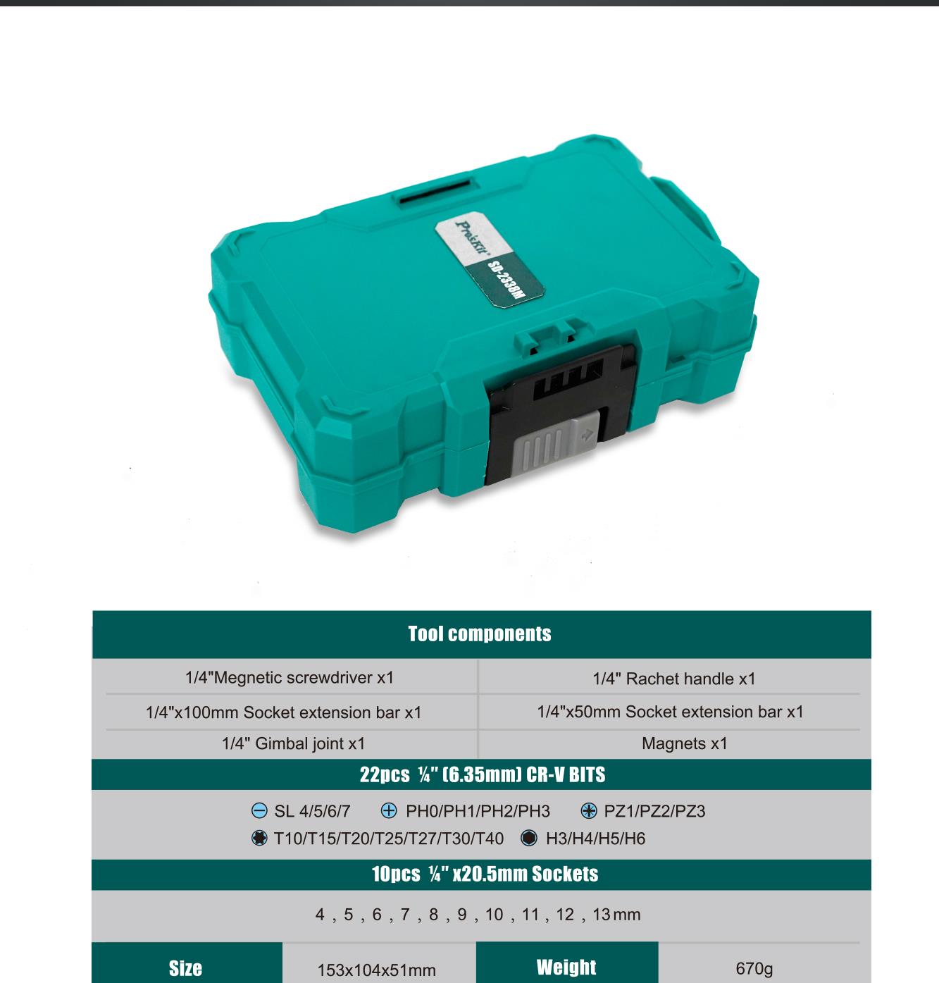 Комплект гедоре, тресчотка и битове, 38 части, SD-2338M, PRO'S KIT