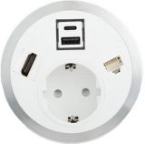 Electrical socket, 10A, 250VAC, single, white, for furniture mounting, USB, USB Type C, RJ45, HDMI