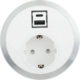 Electrical power socket, 10A, 250VAC, single, white, for furniture mounting, USB, USB Type C