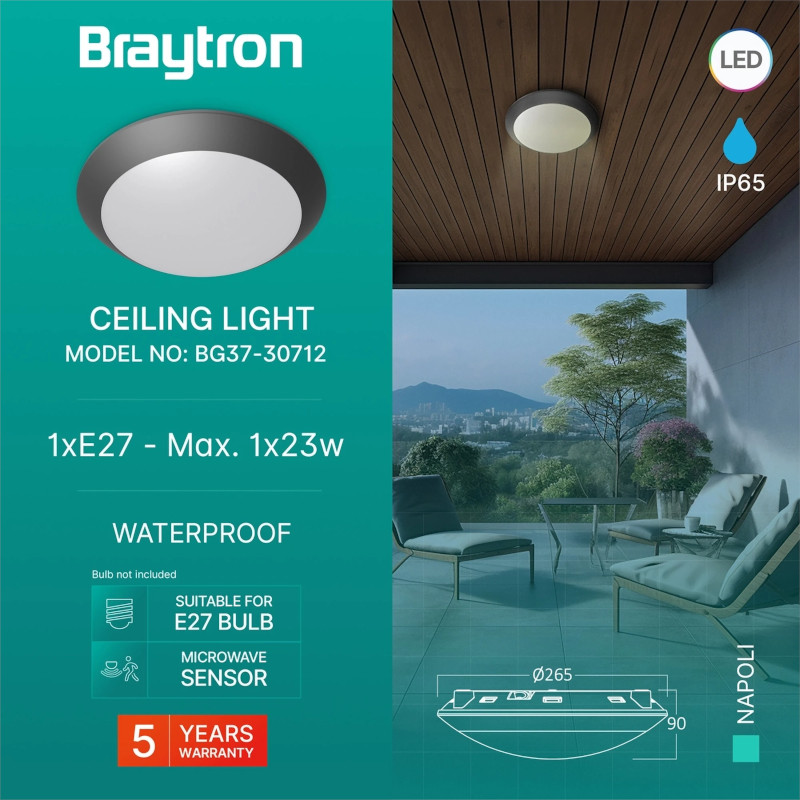 LED плафон,&nbsp;BG37-30712, 23W, 230VAC, микровълнов&nbsp;сензор за движение, IP65, ф265x90mm, BG37-30712