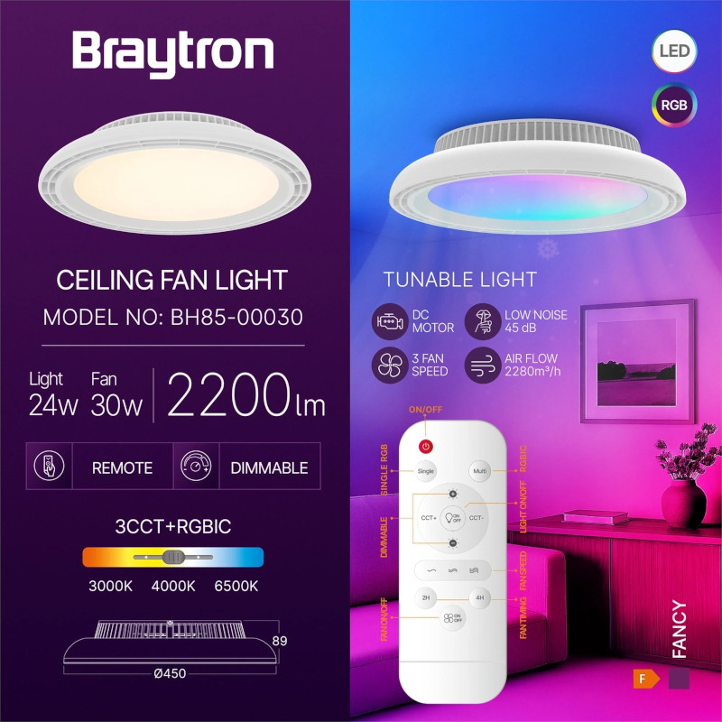 LED плафон BH85-00030, 24W, 230VAC, 1700lm, 3в1 цвята, IP20, ф450x89mm,&nbsp;с вентилатор