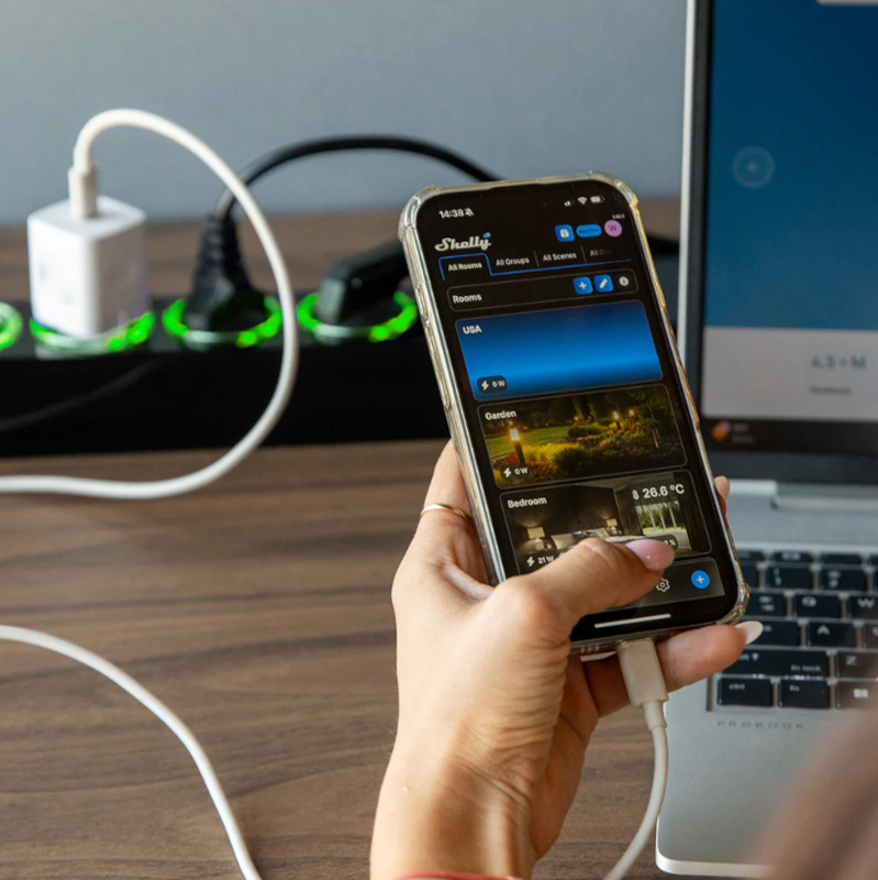 Wi-fi smart разклонител, 4 гнезда, 16А, 230VAC, черен, Shelly,&nbsp;070571