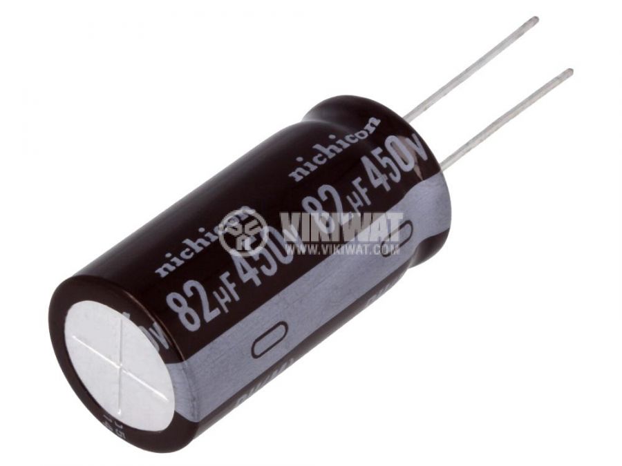thumbnail image 2 of Nichicon UPH2W820MHD 82uF 450V 105°C Electrolytic Capacitor – Radial Lead, 16x31.5mm 2 of 6