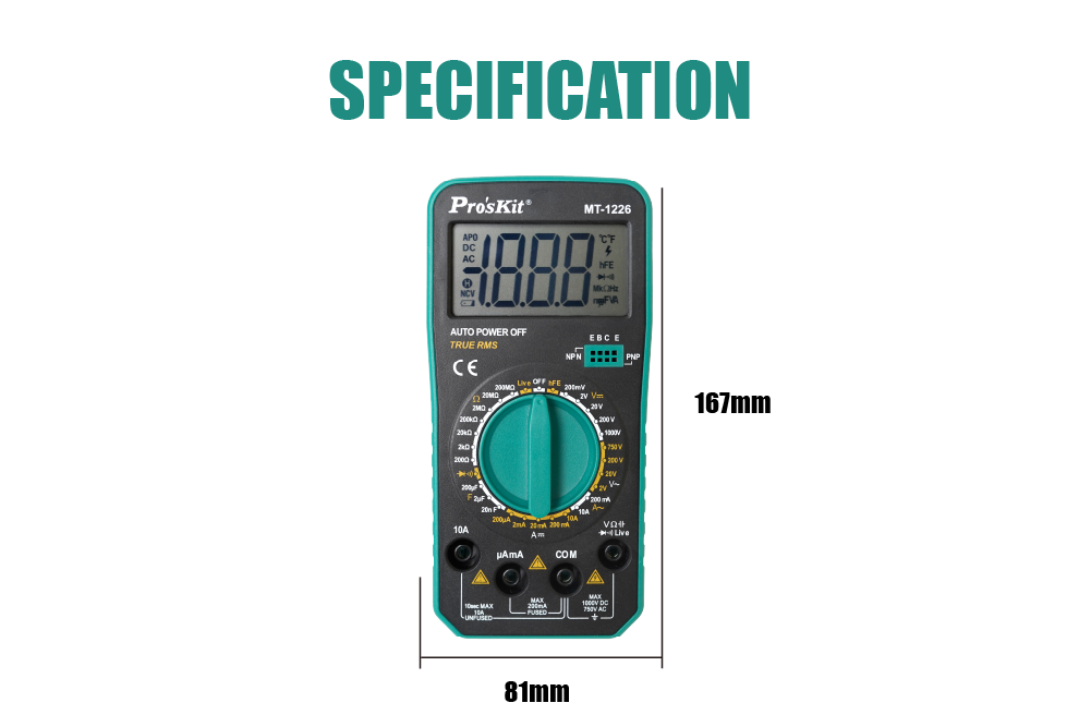 Мултицет MT-1226, LCD, Vdc, Vac, Adc, Aac, Ohm, True RMS, PRO'S KIT