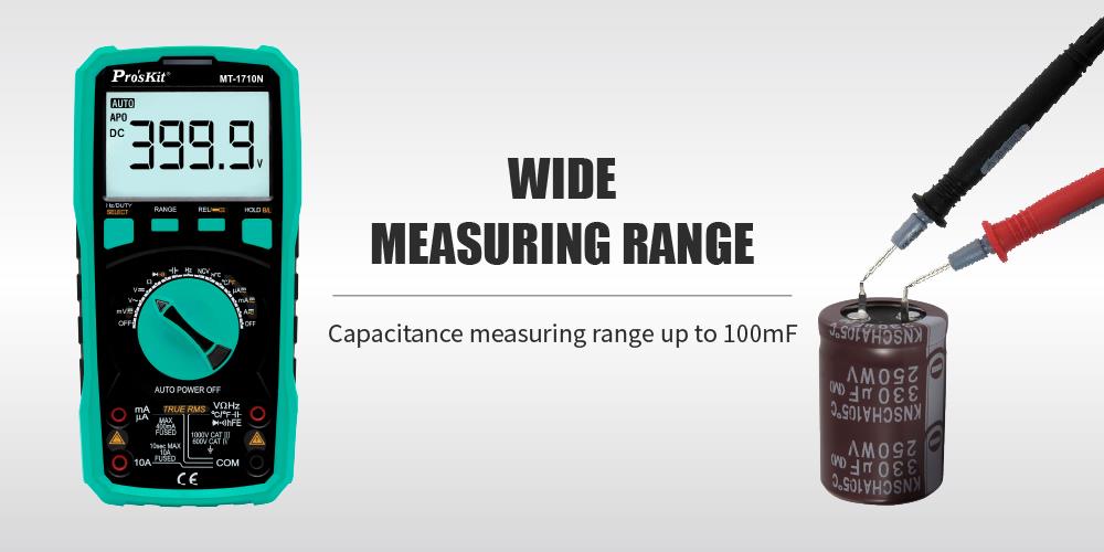 Мултицет MT-1710N, LCD, Vdc, Vac, Adc, Aac, Ohm, F, °C, температура, True RMS, PRO'S KIT