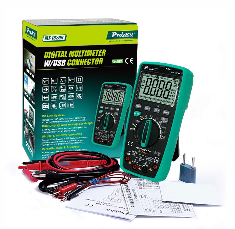 Multiset MT-1820N with USB, True RMS, Vdc, Vac, Adc, Aac, Ohm, F,Hz, °C, PRO'S KIT