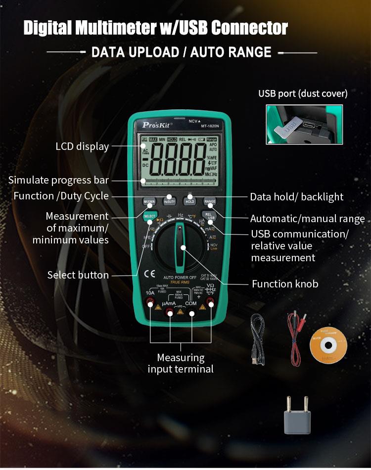 Multiset MT-1820N with USB, True RMS, Vdc, Vac, Adc, Aac, Ohm, F,Hz, °C, PRO'S KIT