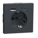 Single powr socket outlet, 16A, 250VAC, anthracite, for built-in, schuko, USB-A+C, Merten, MTN2367-6034