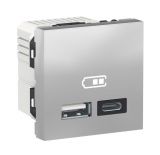 Socket USB-A+C, dual, 2.4A, 12W, built-in, color aluminium, New Unica, Schneider, NU301830