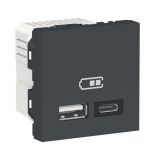 Розетка USB-A+C, двойна, 2.4A, 12W, за вграждане, цвят антрацит, New Unica, Schneider, NU301854