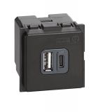 Socket USB-A+C, dual, 3A, 15W, build-in, color black, Bticino, Living Now, K4287C2
