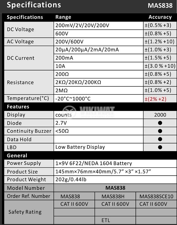 Мултиметър MAS838 характеристики - 2