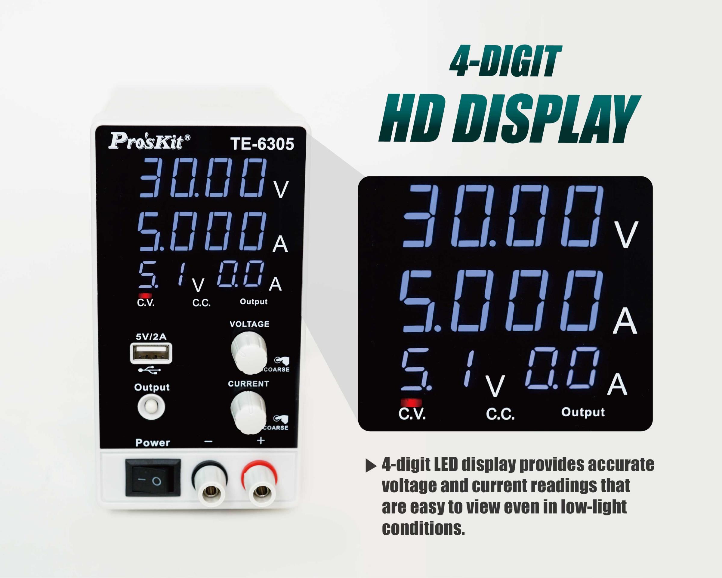 DC лабораторен захранващ блок , TE-6305F, USB, 0-30VDC, 0-5A, PRO'S KIT