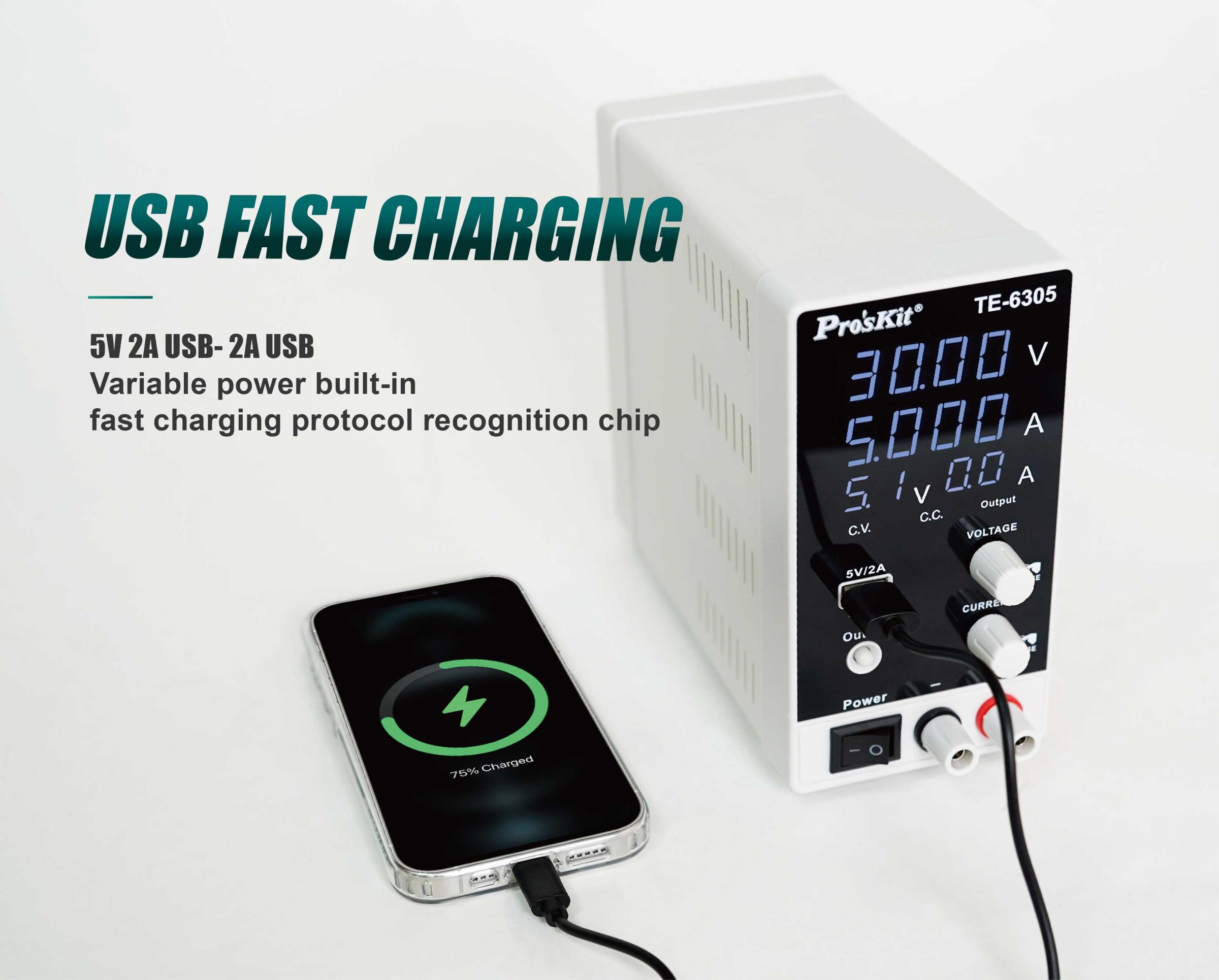 DC лабораторен захранващ блок , TE-6305F, USB, 0-30VDC, 0-5A, PRO'S KIT