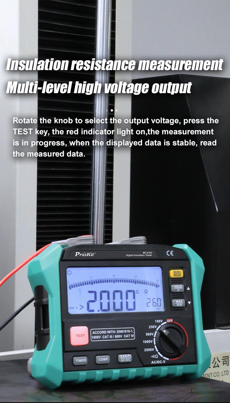 Тестер за съпротивление на изолация, LCD(1999), 750VAC, 1000VDC, MT-4103, PRO'S KIT