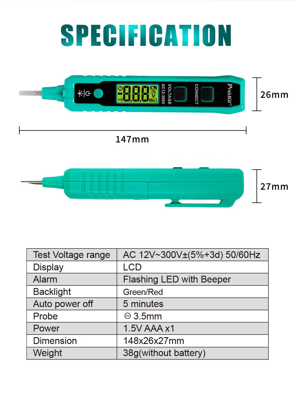 Безконтактен детектор (фазомер), 12~300VAC, LED, с фенерче, NT-320, PRO'S KIT