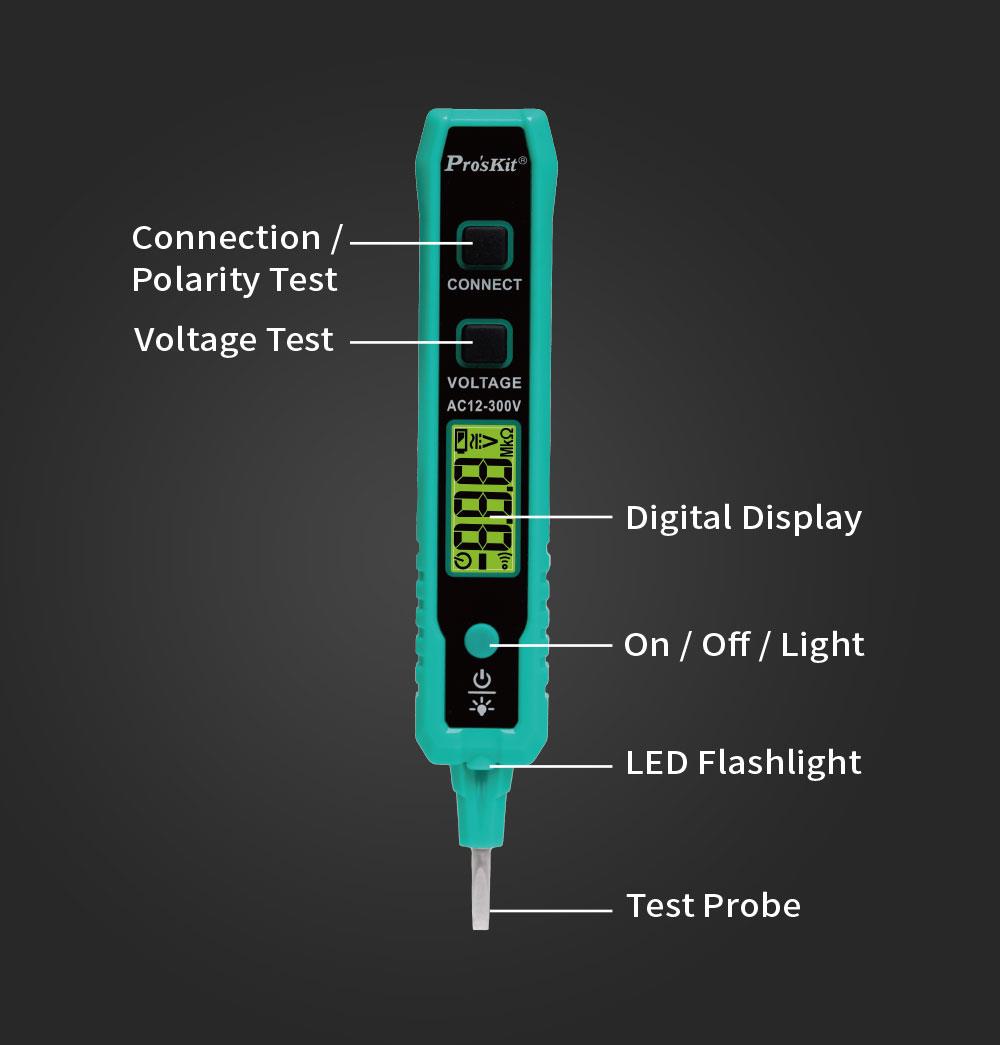Безконтактен детектор (фазомер), 12~300VAC, LED, с фенерче, NT-320, PRO'S KIT
