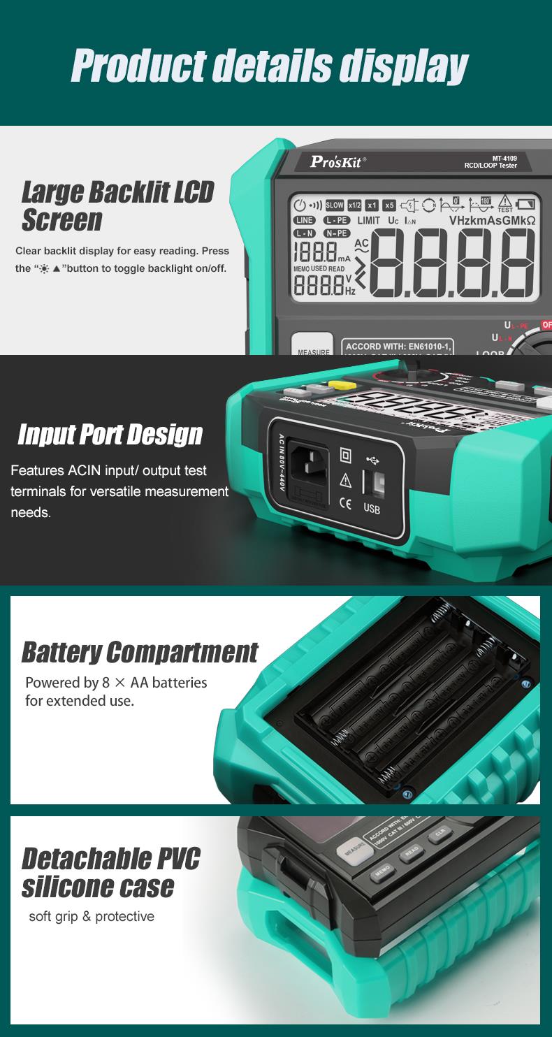 Residual current protection tester, LCD 4 digits, up to 440VAC, USB, MT-4109, PRO'S KIT