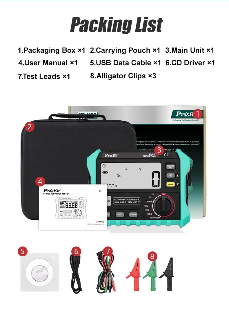 Residual current protection tester, LCD 4 digits, up to 440VAC, USB, MT-4109, PRO'S KIT